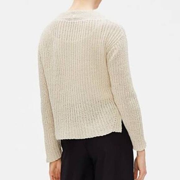 Eileen Fisher Organic Cotton Crochet Linen Tape Box V-Neck Pullover Sweater Ecru - Picture 3 of 8